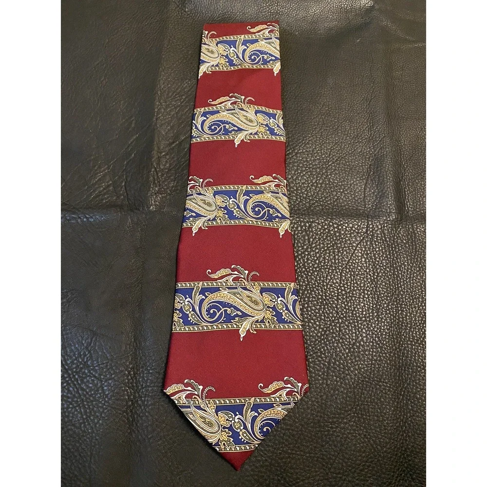 Mens Stanford Geometric Maroon Tan Blue Neck Silk Tie 56